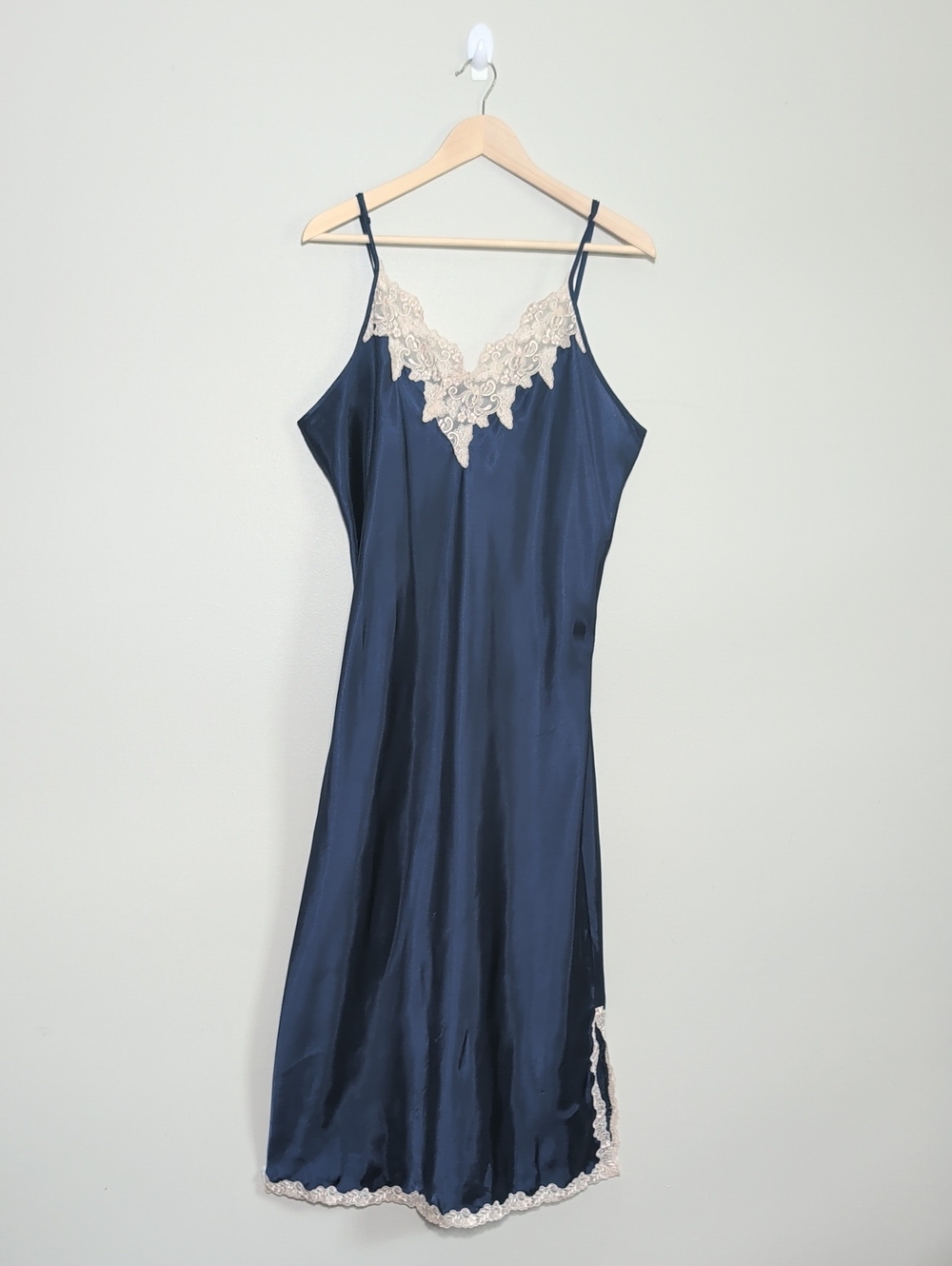 Vtg 90s Navy Blue Ivory Lace Trim Midi Slip Dress Plus Size 1X Sexy Retro Date